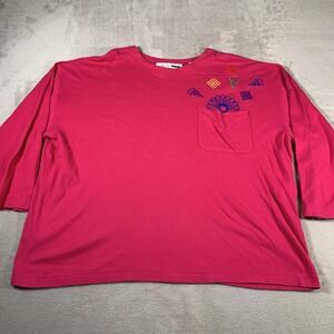 Chaus Woman Shirt Womens 3X Pink Embroidered Floral Pocket 3/4 Sleeve Cotton Top